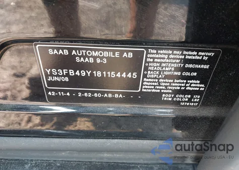 2008 Saab 9-3 2.0T z USA, uszkodzony, nr VIN YS3FB49Y181154445